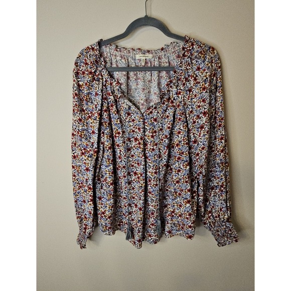 Max Studio Tops - Max Studio Blouse Women M Floral Boho Puff Smocked Sleeve Tassels Flowy Prairie